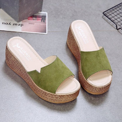 Green Slip On Comfort Wedge Heel Sandals