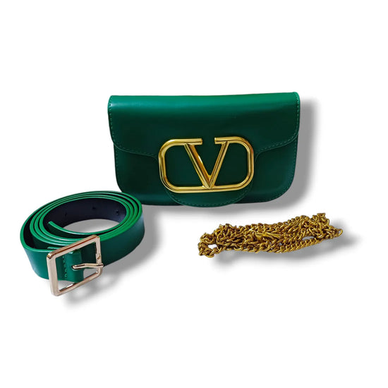 V Leather Belt Sling Small Bag Green