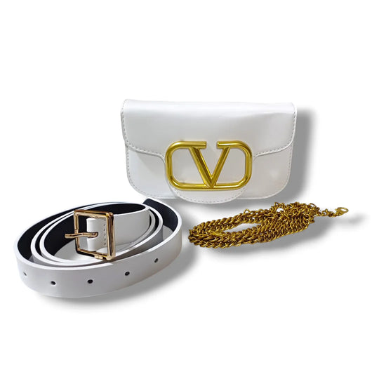 V Leather Belt Sling Small Bag White