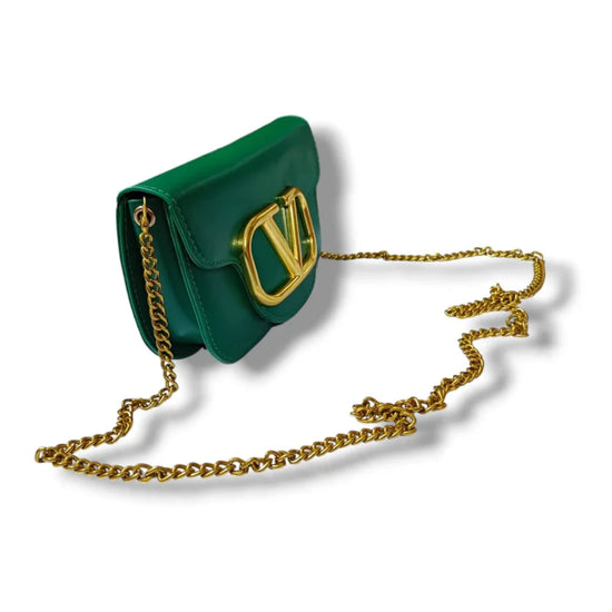 V Leather Belt Sling Small Bag Green