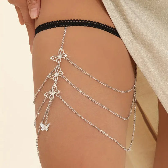 Silver Leg Chain Exaggerated Sexy, Lace elastic rope butterfly