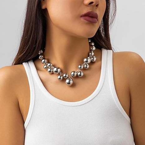 Big Silver Pearl Beaded Necklace