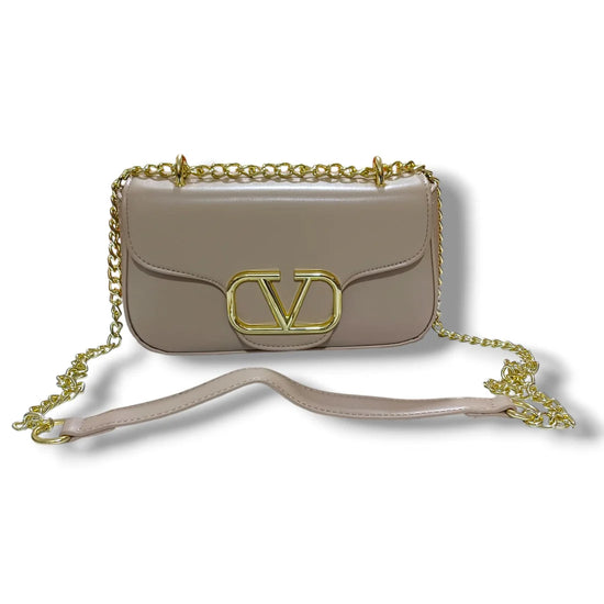 V Sling Flap Leather Bag ( Nude ) Khaki color