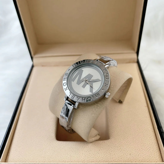 Women Silver White Dial Stainless Steel Analog Bangle Watch