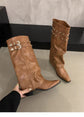 New Designer Cowboy Boots Slip on Long Knight Boots Square Medium Heel Winter Footwear