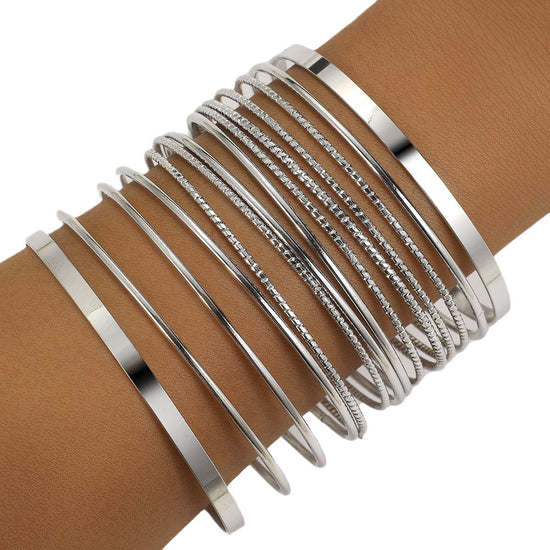 14 pcs Boho Chic Silver-Tone Multi-Layer Bangle Set