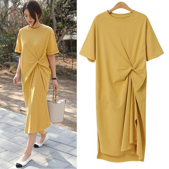 Bowknot Side Split Loose Plain Cotton Dress