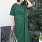 Bowknot Side Split Loose Plain Cotton Dress Green