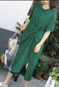 Bowknot Side Split Loose Plain Cotton Dress Green