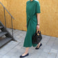 Bowknot Side Split Loose Plain Cotton Dress Green