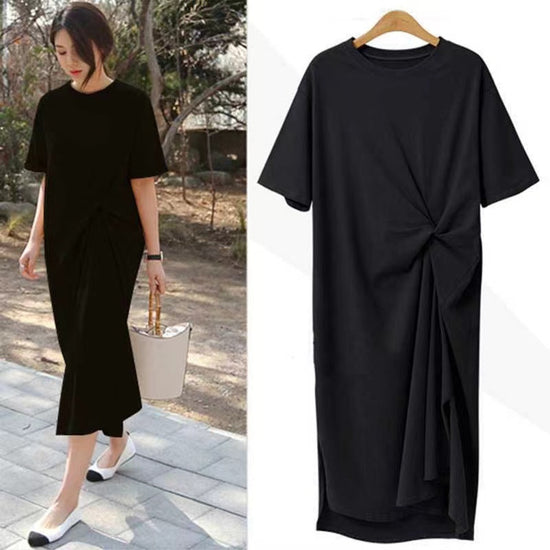 Bowknot Side Split Loose Plain Cotton Dress Black