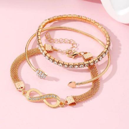 3PCS Rhinestone Heart & Infinity Bracelets Set