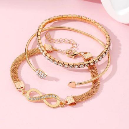 3PCS Rhinestone Heart & Infinity Bracelets Set