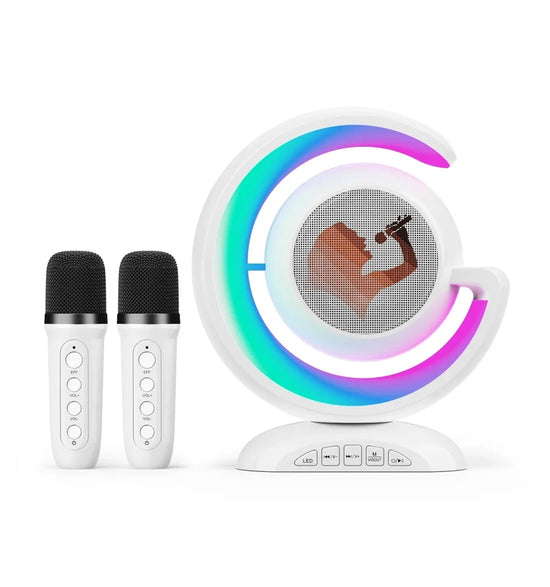 Portable YS-110 Karaoke Dual Microphone LED Light Wireless Bluetooth Speaker- White color