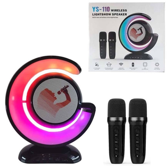 Portable YS-110 Karaoke Dual Microphone LED Light Wireless Bluetooth Speaker- Black color