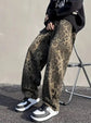 Unisex Leopard Print Wide-Leg Denim Pants