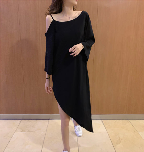 Mid Length Dress Off The Shoulder Irregular Short Sleeved