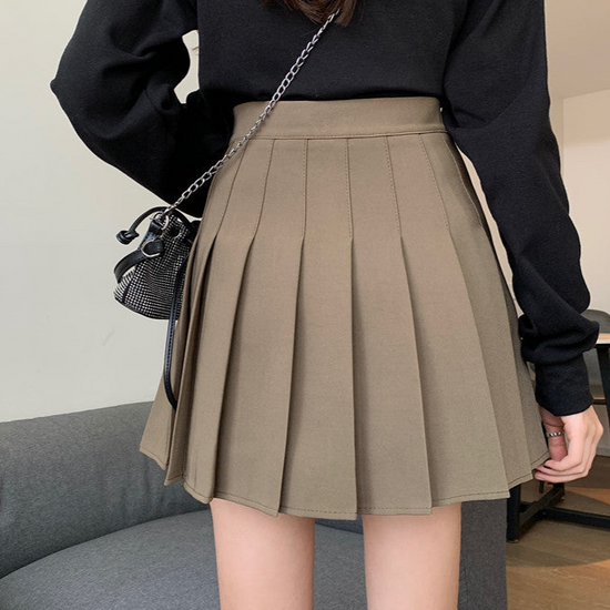 Solid Pleated High Waist Mini Skirt