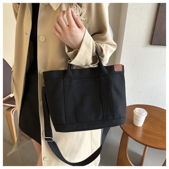 Black Canvas Tote Bag, Multi Pockets Shoulder Bag