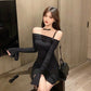 Shoulder Bell Bottom Long Sleeve Dress Black