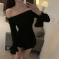 Shoulder Bell Bottom Long Sleeve Dress Black