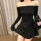 Shoulder Bell Bottom Long Sleeve Dress Black