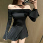 Shoulder Bell Bottom Long Sleeve Dress Black