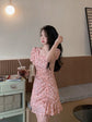 Puff-Sleeve Square-Neck Floral Print Drawstring Mini A-Line Dress