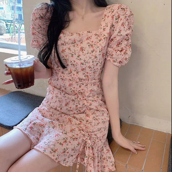 Square neck Sexy Printed Flower Dress