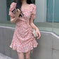 Puff-Sleeve Square-Neck Floral Print Drawstring Mini A-Line Dress