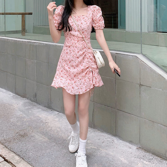 Puff-Sleeve Square-Neck Floral Print Drawstring Mini A-Line Dress