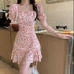 Puff-Sleeve Square-Neck Floral Print Drawstring Mini A-Line Dress