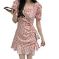 Puff-Sleeve Square-Neck Floral Print Drawstring Mini A-Line Dress