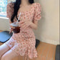 Puff-Sleeve Square-Neck Floral Print Drawstring Mini A-Line Dress