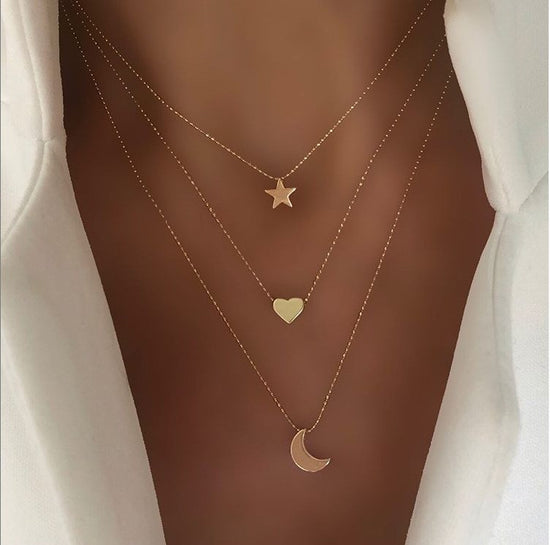 Star Moon & Love Pendant Multilayer Bead Necklace