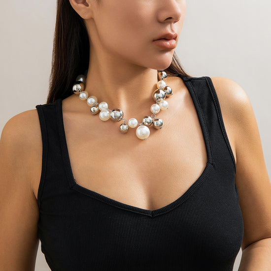 Silver Plated White Chunky Pearl Chain Choker Necklace