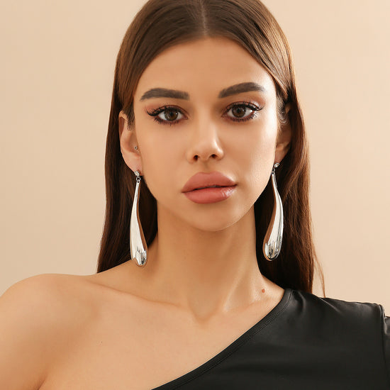 Silver Geometric Crystal Metallic Waterdrop Dangle Earrings