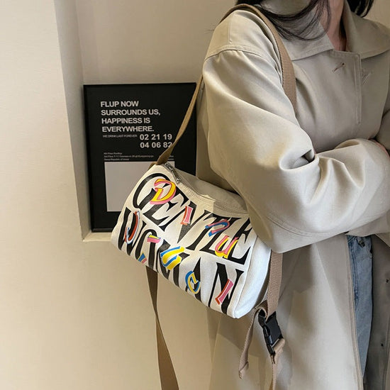 Printed Letters Boston Canvas Bag off-white color