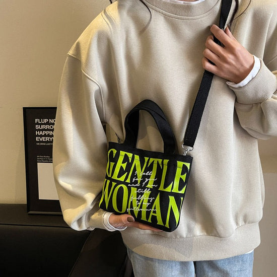 Color Printed Canvas Shoulder Bag Black with Green Prints