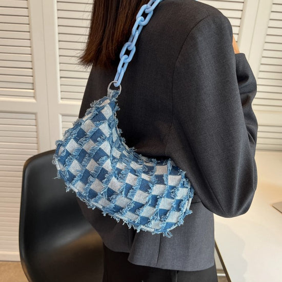 Trendy Denim Checker Chain Shoulder Bag