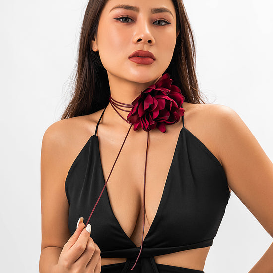 Wax Thread Ribbon Tassel Rose Necklace
