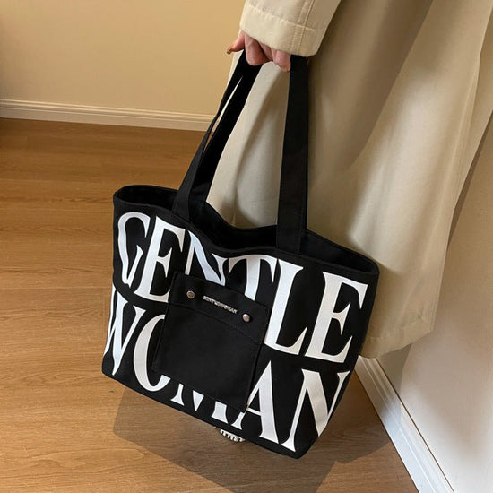 Large Capacity Letter Printed Tote Canvas Handbag Shoulder Bag in Black color