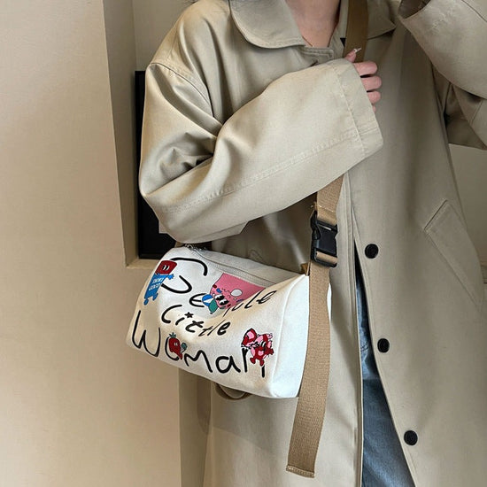Cartoon Printed Letters Boston Canvas Bag off-white color