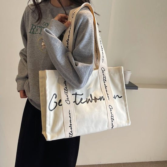 Large Letter Printed Canvas Shoulder Bag