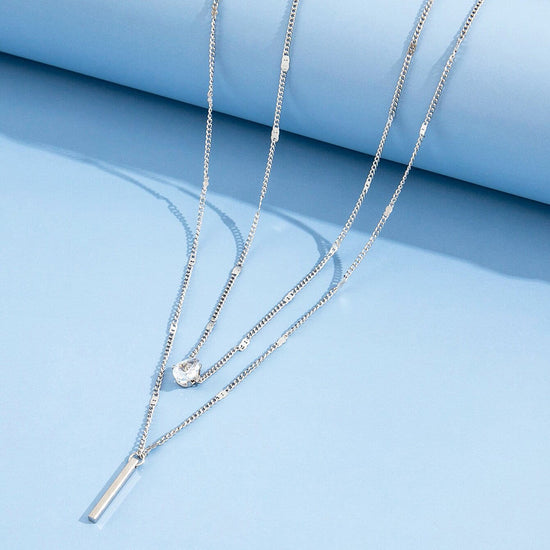 Silver Double-Layer Drop-Shaped Small Diamond Long Tassel Pendant 2 Necklace Set