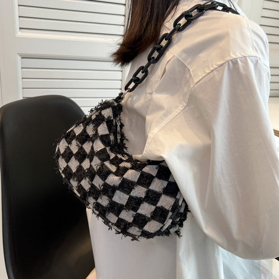 Trendy Denim Checker Chain Shoulder Bag
