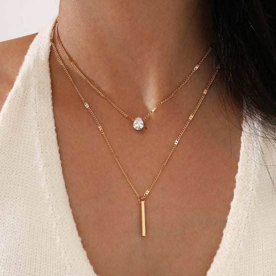 Gold Double-Layer Drop-Shaped Small Diamond Long Tassel Pendant 2 Necklace Set