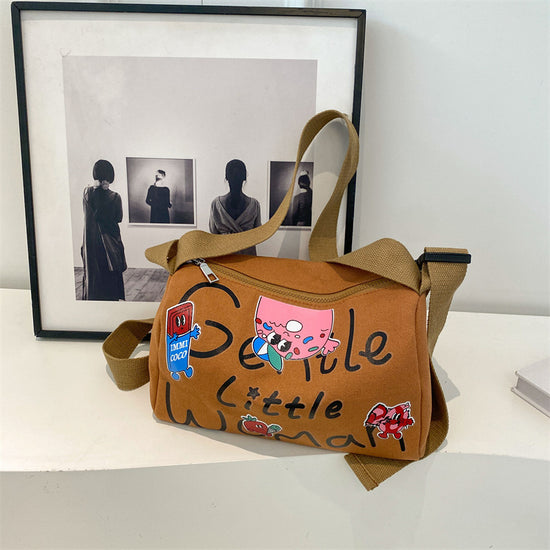 Cartoon Printed Letters Boston Canvas Bag Brown color