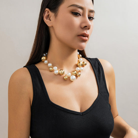 Gold Plated White Chunky Pearl Chain Choker Necklace