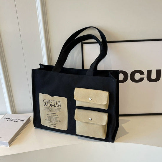 Black Multi-Pocket Large Canvas Bag with khaki pockets